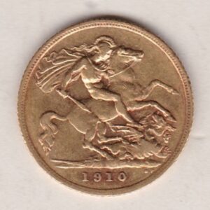 1910 S Gold Half Sovereign Coin featuring King Edward VII on the Obverse and George & the Dragon on the Reverse in a plastic coin envelope.