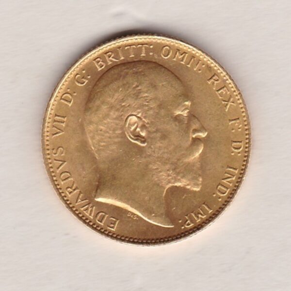 1910 S Gold Sovereign Coin. The coin features King Edward VII on the Obverse. St George and the dragon on the reverse. The S Sydney, Australia Mintmark.