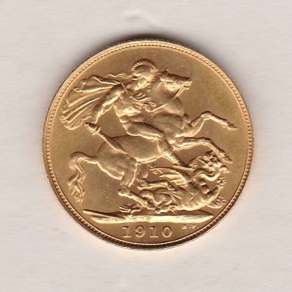 1910 S Gold Sovereign Coin. The coin features King Edward VII on the Obverse. St George and the dragon on the reverse. The S Sydney, Australia Mintmark.