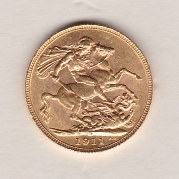 1911 C Gold Sovereign Coin. The coin features King George V on the Obverse. St George and the dragon on the reverse. The C Ottawa, Canada Mintmark.