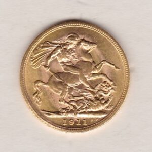 1911 M Gold Sovereign Coin. The coin features King George V on the Obverse. St George and the dragon on the reverse. The M Melbourne, Australia Mintmark.