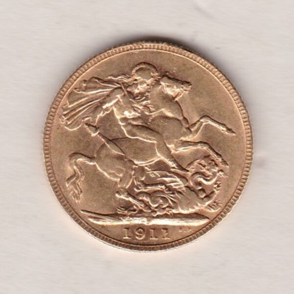 1911 P Gold Sovereign Coin. The coin features King George V on the Obverse. St George and the dragon on the reverse. The P - Perth, Australia mintmark.