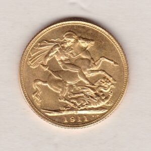 1911 S Gold Sovereign Coin. The coin features King George V on the Obverse. St George and the dragon on the reverse. The S Sydney, Australia Mintmark.