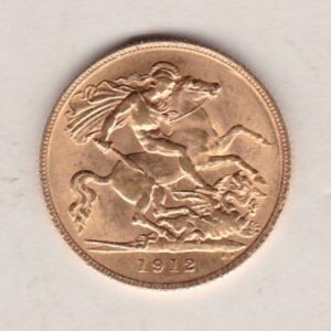 1912 Gold Half Sovereign coin featuring the portrait of King George V on the Obverse. St George and the dragon on the Reverse.