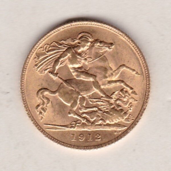 1912 Gold Half Sovereign coin featuring the portrait of King George V on the Obverse. St George and the dragon on the Reverse.