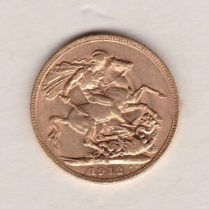 1912 M Gold Sovereign Coin. The coin features King George V on the Obverse. St George and the dragon on the reverse. The M Melbourne, Australia Mintmark.