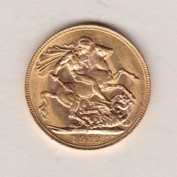 1912 P Gold Sovereign Coin. The coin features King George V on the Obverse. St George and the dragon on the reverse. The P - Perth, Australia mintmark.