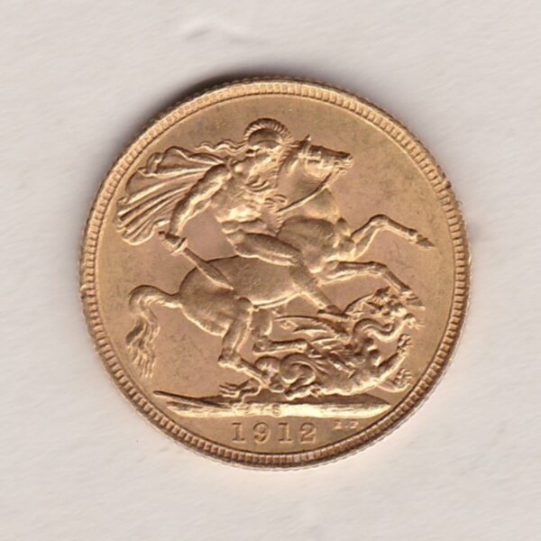 1912 S Gold Sovereign Coin. The coin features King George V on the Obverse. St George and the dragon on the reverse. The S Sydney, Australia Mintmark.