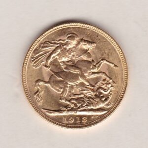 1913 M Gold Sovereign Coin. The coin features King George V on the Obverse. St George and the dragon on the reverse. The M Melbourne, Australia Mintmark.