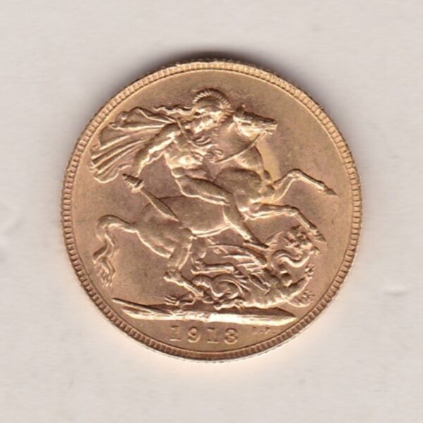 1913 P Gold Sovereign Coin. The coin features King George V on the Obverse. St George and the dragon on the reverse. The P - Perth, Australia mintmark.