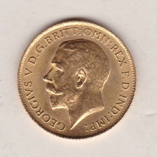 1914 Gold Half Sovereign coin featuring the fourth portrait of King George V on the Obverse. St George and the dragon on the Reverse.