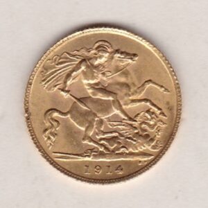 1914 Gold Half Sovereign coin featuring the portrait of King George V on the Obverse. St George and the dragon on the Reverse.