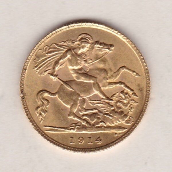 1914 Gold Half Sovereign coin featuring the portrait of King George V on the Obverse. St George and the dragon on the Reverse.