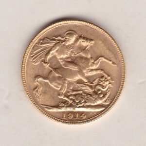 1914 M Gold Sovereign Coin. The coin features King George V on the Obverse. St George and the dragon on the reverse. The M Melbourne, Australia Mintmark.