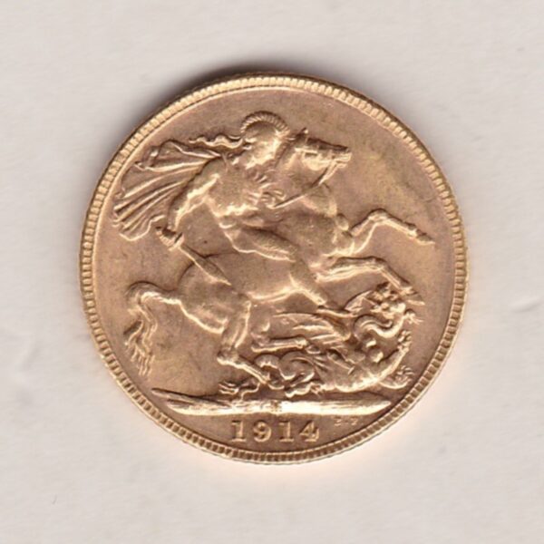 1914 M Gold Sovereign Coin. The coin features King George V on the Obverse. St George and the dragon on the reverse. The M Melbourne, Australia Mintmark.