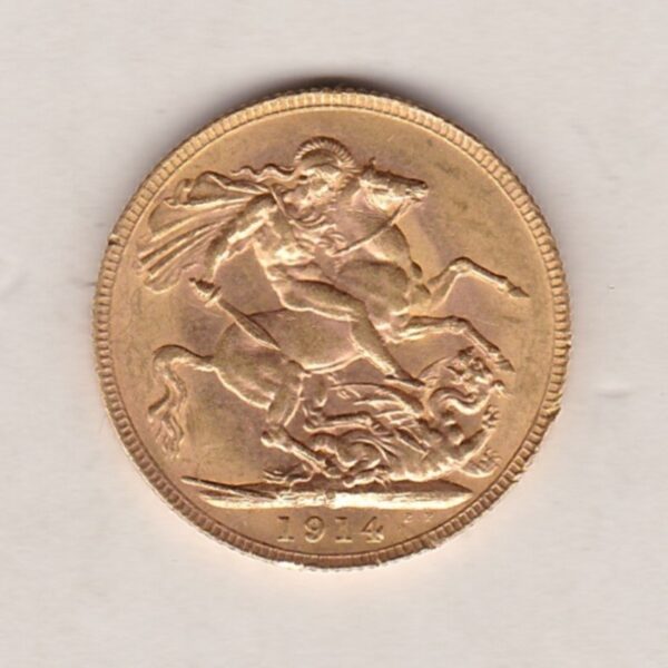 1914 P Gold Sovereign Coin. The coin features King George V on the Obverse. St George and the dragon on the reverse. The P - Perth, Australia mintmark.