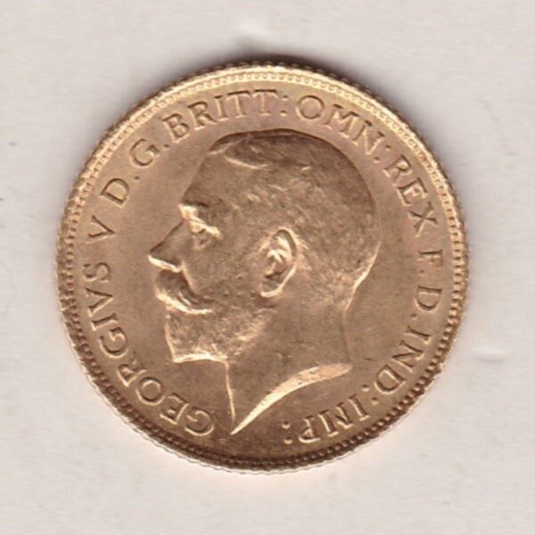 1914 S Gold Half Sovereign coin featuring the fourth portrait of King George V on the Obverse. St George and the dragon on the Reverse.