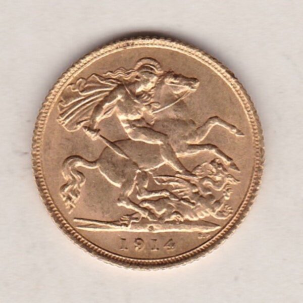 1914 S Gold Half Sovereign coin featuring the portrait of King George V on the Obverse. St George and the dragon on the Reverse.