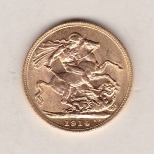 1914 Gold Sovereign Coin. The coin features King George V on the Obverse. St George and the dragon on the reverse. London Mint.