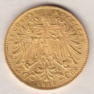 1915 Austria Gold 20 Corona featuring the portrait of Emperor Franz Joseph I on the Obverse. The double-headed imperial eagle is on the Reverse.