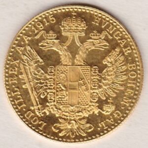 1915 Austria Gold Ducat featuring the portrait of Emperor Franz Joseph I on the Obverse. The double-headed imperial eagle is on the Reverse.