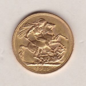 1915 M Gold Sovereign Coin. The coin features King George V on the Obverse. St George and the dragon on the reverse. The M Melbourne, Australia Mintmark.