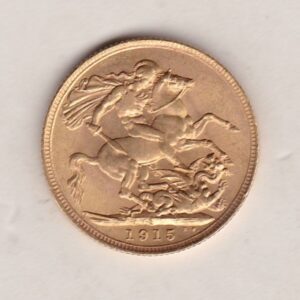 1915 S Gold Sovereign Coin. The coin features King George V on the Obverse. St George and the dragon on the reverse. The S Sydney, Australia Mintmark.