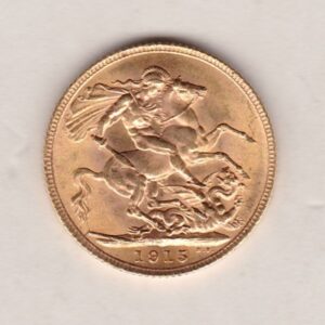 1915 Gold Sovereign Coin. The coin features King George V on the Obverse. St George and the dragon on the reverse. London Mint.