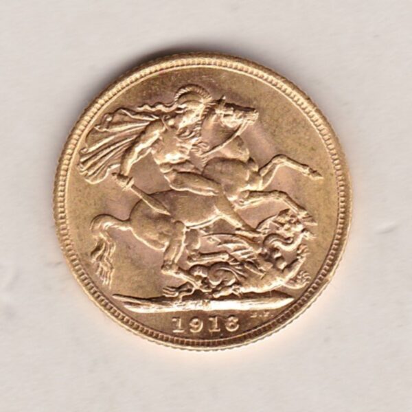 1916 M Gold Sovereign Coin. The coin features King George V on the Obverse. St George and the dragon on the reverse. The M Melbourne, Australia Mintmark.