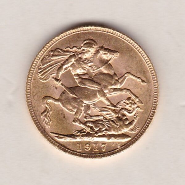 1917 C Gold Sovereign Coin. The coin features King George V on the Obverse. St George and the dragon on the reverse. The C Ottawa, Canada Mintmark.