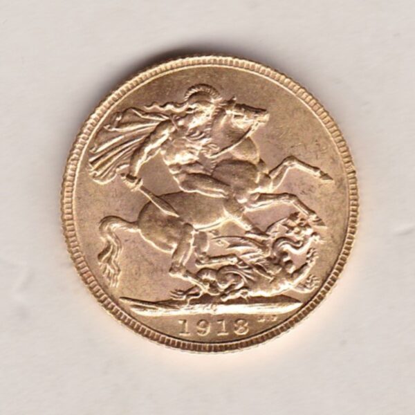 1918 C Gold Sovereign Coin. The coin features King George V on the Obverse. St George and the dragon on the reverse. The C Ottawa, Canada Mintmark.