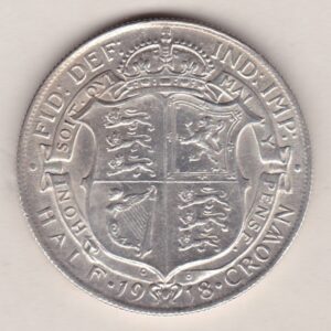 1918 Silver Halfcrown coin featuring king George V on the Obverse. The Reverse features a crowned quartered shield of arms.