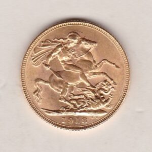 1918 I Gold Sovereign Coin. The coin features King George V on the Obverse. St George and the dragon on the reverse. The I Bombay, India Mintmark.