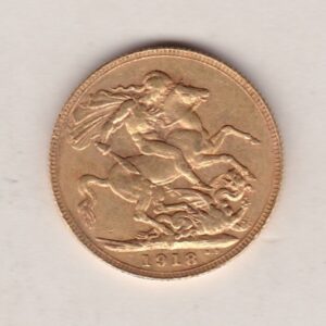 1918 P Gold Sovereign Coin. The coin features King George V on the Obverse. St George and the dragon on the reverse. The P - Perth, Australia mintmark.