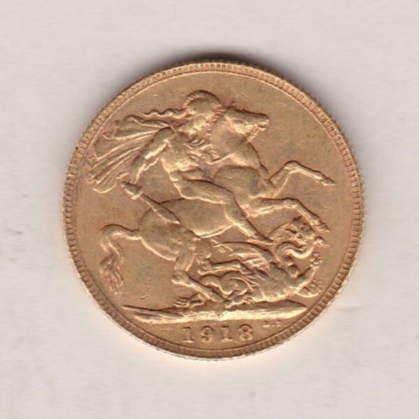 1918 P Gold Sovereign Coin. The coin features King George V on the Obverse. St George and the dragon on the reverse. The P - Perth, Australia mintmark.