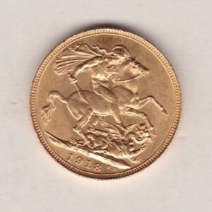 1918 S Gold Sovereign Coin. The coin features King George V on the Obverse. St George and the dragon on the reverse. The S Sydney, Australia Mintmark.