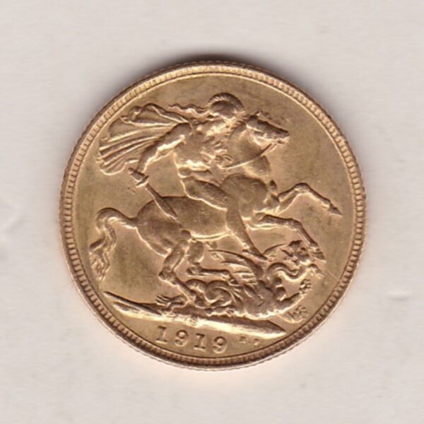 1919 S Gold Sovereign Coin. The coin features King George V on the Obverse. St George and the dragon on the reverse. The S Sydney, Australia Mintmark.