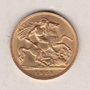 1925 SA Gold Half Sovereign coin featuring the portrait of King George V on the Obverse. St George and the dragon on the Reverse.