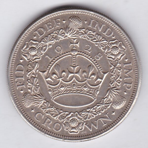 1928 Silver Crown Coin featuring King George V on the Obverse and the wreath design on the reverse. The coin is in extremely fine condition.