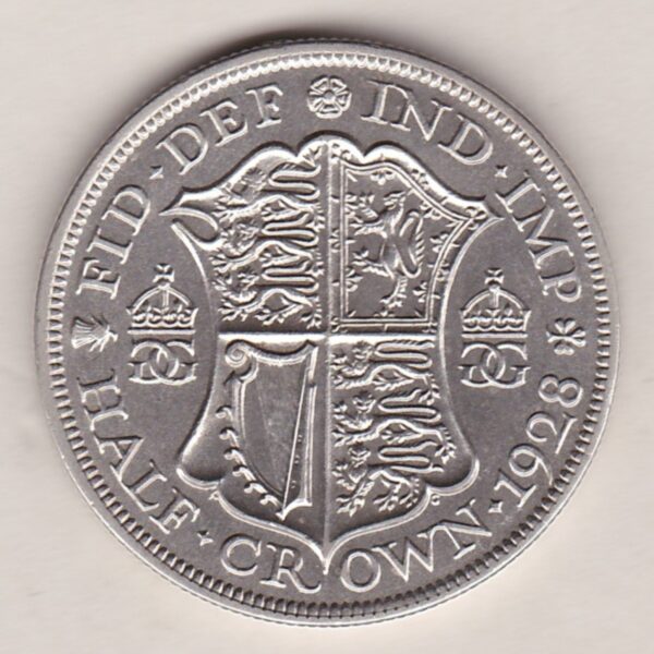 1928 Silver Halfcrown coin featuring the King George V on the Obverse. The Quartered shield of arms flanked by crowned royal cyphers complete the Reverse.