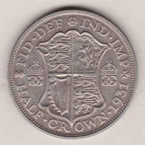 1931 Silver Halfcrown coin featuring the King George V on the Obverse. The Quartered shield of arms flanked by crowned royal cyphers complete the Reverse.