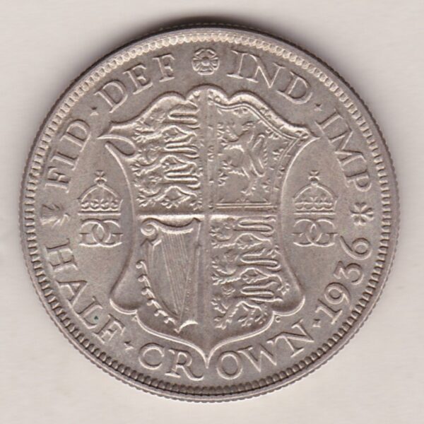 1936 Silver Halfcrown coin featuring the King George V on the Obverse. The Quartered shield of arms flanked by crowned royal cyphers complete the Reverse.