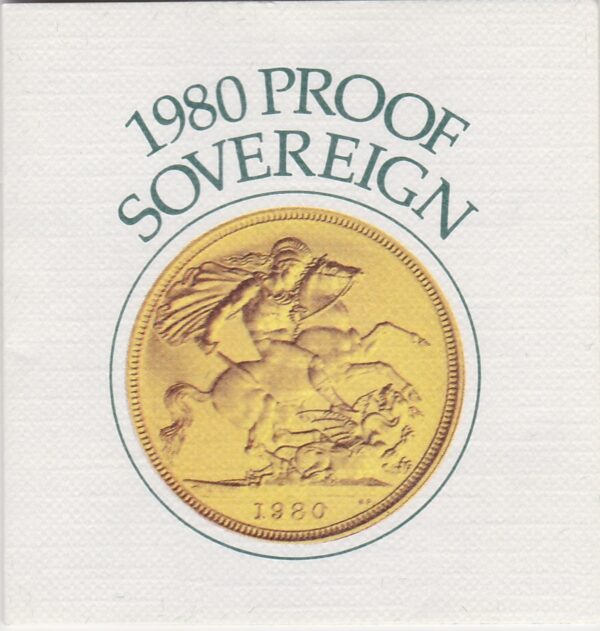 1980 gold proof sovereign coin featuring queen Elizabeth II on the Obverse & St George and the Dragon Reverse. This coin comes as issued by the royal mint.