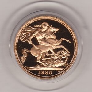 1980 gold proof sovereign coin featuring queen Elizabeth II on the Obverse & St George and the Dragon Reverse. This coin comes as issued by the royal mint.