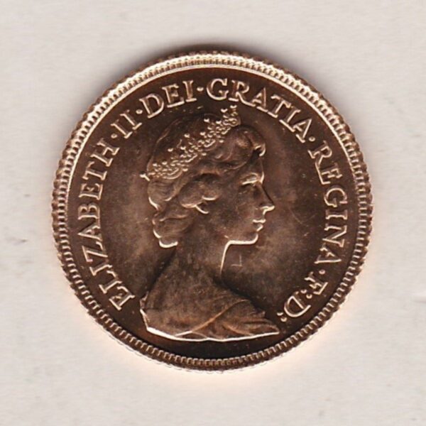 1982 Gold Half Sovereign coin featuring the second portrait of Queen Elizabeth II on the Obverse and St George and the dragon on the Reverse.