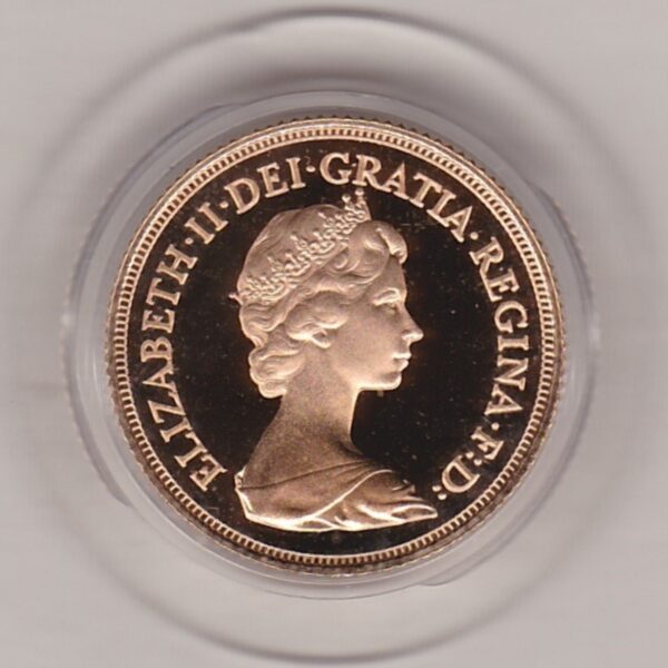 1982 gold proof sovereign coin featuring queen Elizabeth II on the Obverse & St George and the Dragon Reverse. This coin comes as issued by the royal mint.