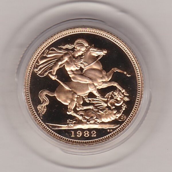 1982 gold proof sovereign coin featuring queen Elizabeth II on the Obverse & St George and the Dragon Reverse. This coin comes as issued by the royal mint.