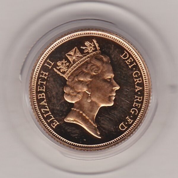 1988 gold proof sovereign coin featuring queen Elizabeth II on the Obverse & St George and the Dragon Reverse. This coin comes as issued by the royal mint.