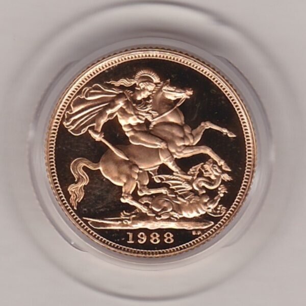 1988 gold proof sovereign coin featuring queen Elizabeth II on the Obverse & St George and the Dragon Reverse. This coin comes as issued by the royal mint.