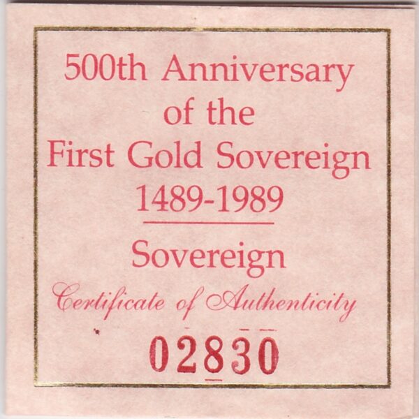 1989 gold proof sovereign coin. 500th Anniversary of the first hammered gold Sovereign in 1489. This coin comes as issued by the royal mint.